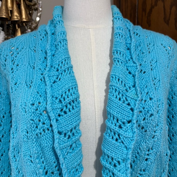 Vtg Blue Crochet Knit Open Front Cardigan Shrug Size Large Ruffles Y2K - Picture 4 of 11